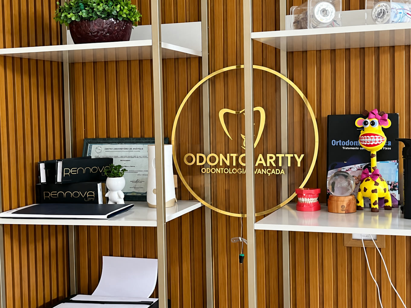 Estante com a logo dourada da Odonto Artty e o diploma da Dra. Lara Cristina